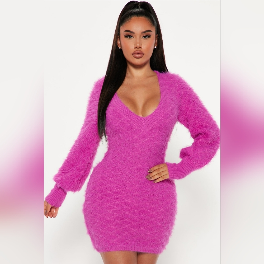 Fuzzy Feels Sweater Mini Dress- Magenta